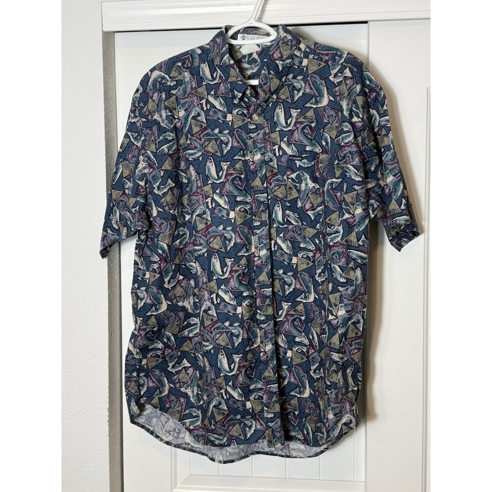Vintage Columbia Shirt Mens XL Fish Fly Print Button Up Short Sleeve